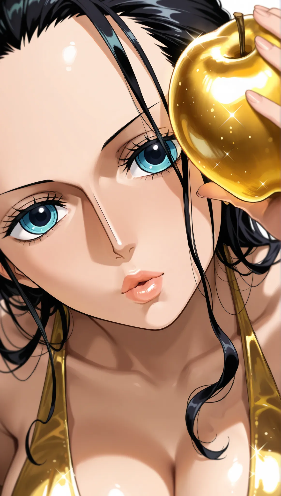 mature female, upper body, close-up, nico robin, one piece, blue eyes, black hair, long hair, hair slicked back, golden dress, bare shoulders, plunging neckline, breasts, lips, extremely detailed eyes, looking at viewer, puckered lips, golden apple, holdin...