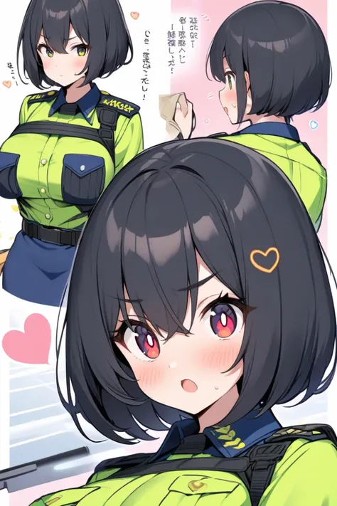  eyes are hearts，Police Officer，Bob， black hair，Big Breasts，Uniforms are cute