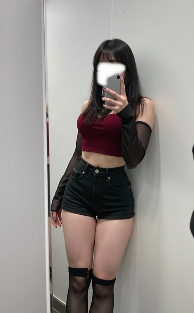 An arafe woman is posing in front of a mirror. A woman in short shorts is posing. bent position  , hunched posture,  bending position  ,  curved position  ,  most powerful pose  ,  bowing head  ,  pixel stretch  ,  back pose  ,  pants pocket  ,  Perfect dy...