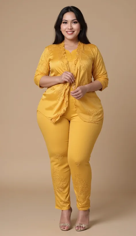 i am indonesian woman 56 years old  wearing gold kebaya, gold highheel, wide hips,Smile, Long Hair, Looking at viewer, Black Hair, High Resolution, Anatomically Correct, Accurate, Detail, 