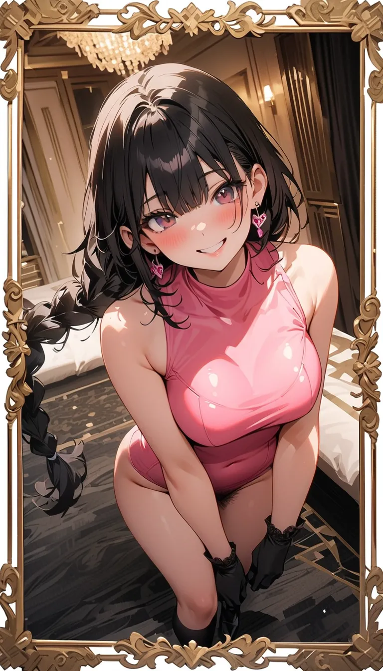 ( beautiful girl : 1.3),1 girl,(pink shiny school swimsuit, turtleneck, earrings, pubic hair,Black long gloves, black high socks, high heels), black hair, braids, bangs hanging over eyes,smile, is embarrassing,blush, pubic hair,Extravagant Palace , moving,...