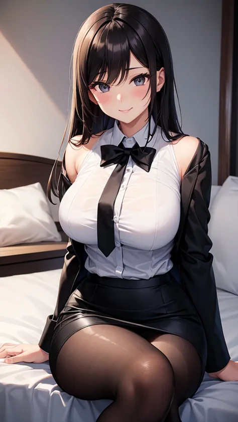 sexy older sister in a black business suit　　 　　The black tie is tight　 black pencil skirt 　Brown tights　A radiant smile　  high resolution　  high resolution　 sitting on the bed