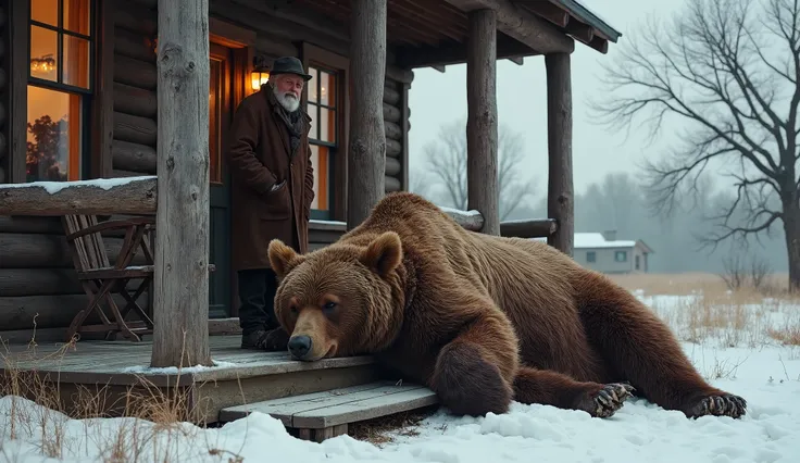 "A large brown bear is lying on the wooden porch of a rustic farmhouse in winter, appearing exhausted or resting. The bear’s fur is thick and slightly ruffled. A surprised elderly farmer, dressed in warm clothing and a hat, stands in the doorway, looking a...