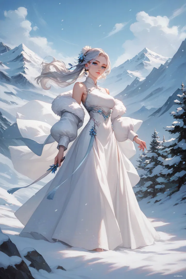 Distant figure Chinese woman during the Tang Dynasty blue eyes, long silver hair dressed in white dress, reverse mobile, standing among heavy snow, snowy mountain background, high definition, abstract, very beautiful