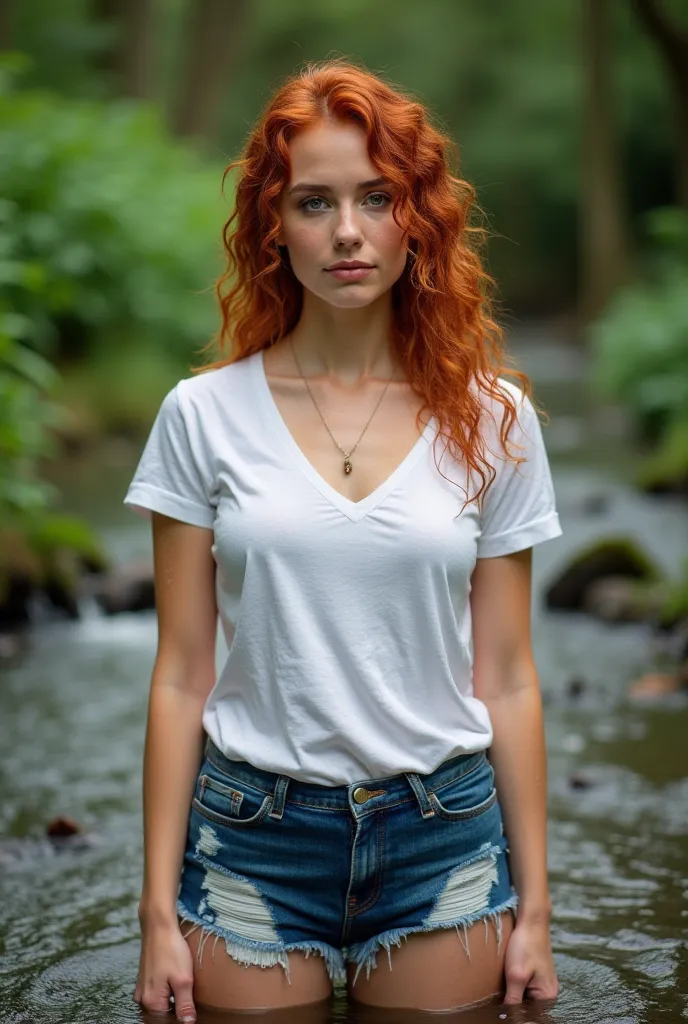 38 year old Caucasian woman with wet curly red hair, high quality portrait, curly copper colored hair, standing knee deep in a stream and wearing wet white t-shirt and wet cut-off denim shorts