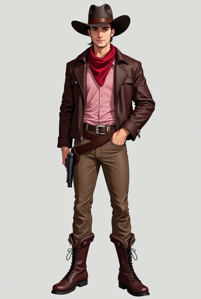 Handsome man wearing dark brown cowboy hat and brown leather jacket over pink shirt inside, wearing red bandana around neck, brown pants with belt with pistol tucked at waist, he wears brown boots with laces, he stands straight facing camera with a smile. ...