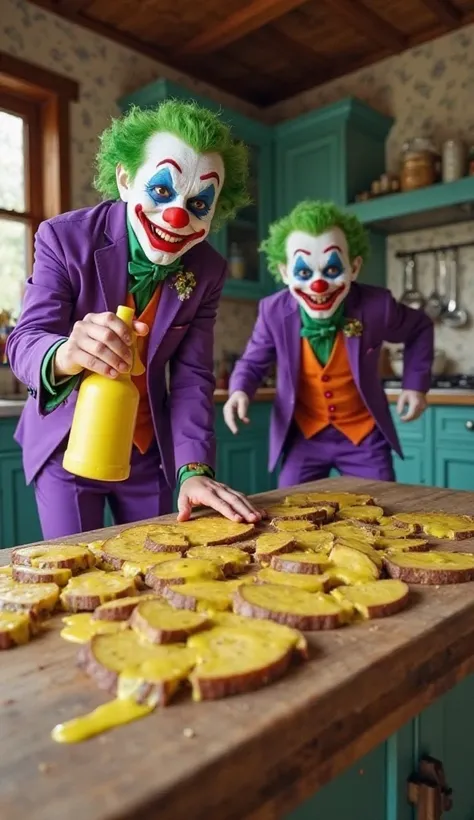 Characters with clown-like appearance, wearing a purple suit, with green shirts and orange vests and purple suits and purple pants with green hair, and white face makeup with exaggerated features. The characters are inside the kitchen, spray the pilok like...