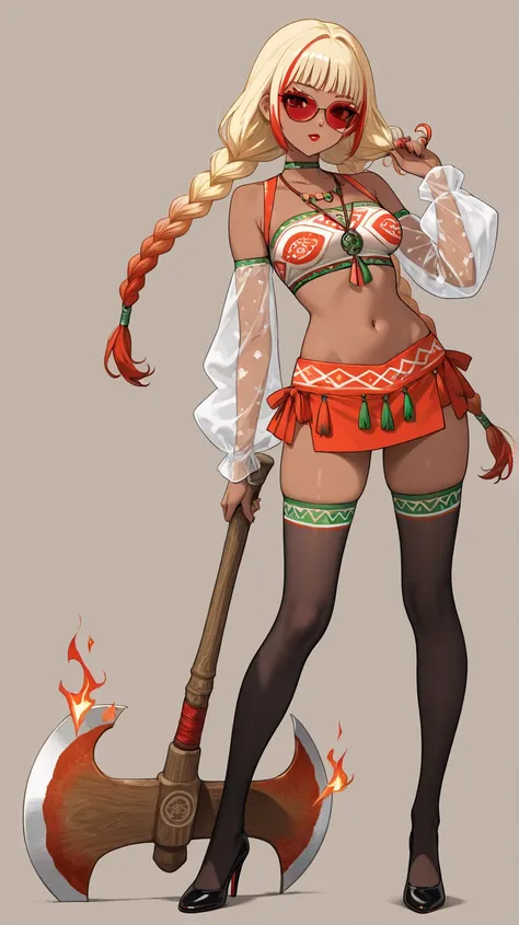  draw sexy only anime lady and brown skin color long, low twin braids, blonde and Red highlights Polynesian outfit, see-through sleeves, wearing Polynesian culture bra top short, mini skirt, long stockings and glass, high heels, flour pattern, print on a m...