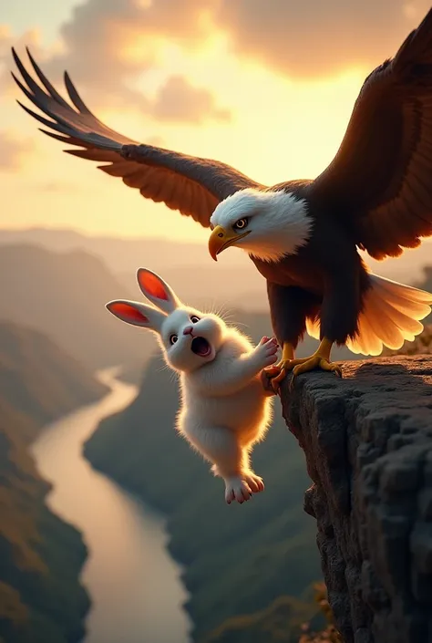 Here is a detailed prompt to generate an image like the one you uploaded:

Prompt:
"A dramatic and cinematic scene of a fierce eagle gripping the paw of a fluffy white rabbit, preventing it from falling off a steep cliff. The rabbit has wide, frightened ey...