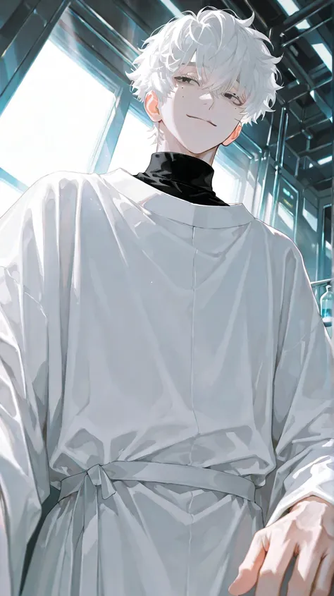 male,white hair,pupil with black eyes,soft hair,fluffy hair,short hair,white robe,laboratory,Inorganic space,sunlight shines through the windows,first-person perspective,mole under eye,agreeable youth,kind smile,black turtleneck