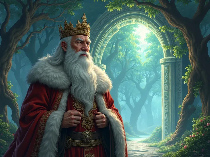 Old white-haired king next to a portal to another dimension with medieval anime-style forests 