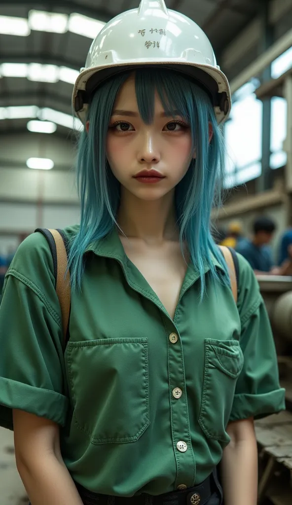 Japanese woman , green shirt  , blue-haired  , helm safety putih polos ,  big boobs , sees the cynic , palm oil mill , full body ,  real human 