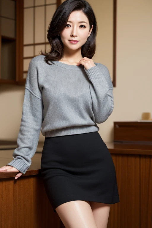  high resolution, Masterpiece,  best quality,  Super Fine, black hair,Mature Woman,40s, c cup, Japanese, sweater, skirt