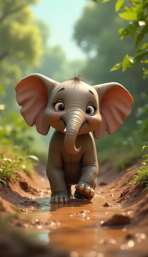 As the baby elephant stepped forward, the ground collapsed beneath him, and he sank deep into the mud make a 3d pixar cartoon image