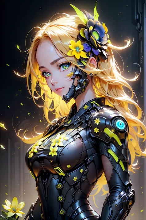 masterpiece, best quality, beautiful detailed hair detailed face, perfect feminine face, (happy:1.2), cyberskull mask, (close-up potrait:1.2), face focus, a beautiful and cute warframe woman and glowing yellow hair, yellow neon lighting, (sci-fi cyberpunk ...