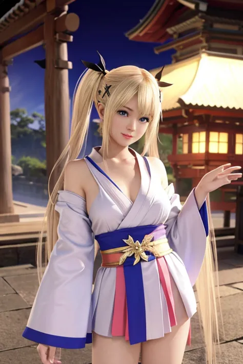 Marie rose, twin tails, blonde hair, master-piece, best quality, shrine maiden outfit, shrine maiden, slight smile, want kiss, 
