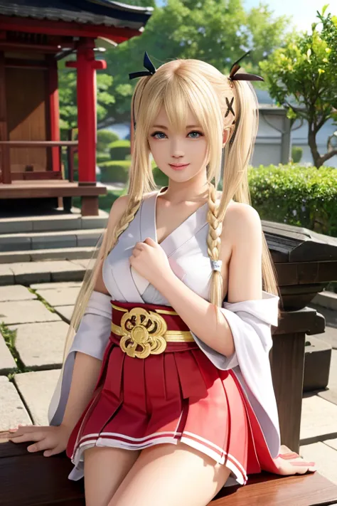 Marie rose, twin tails, blonde hair, master-piece, best quality, shrine maiden outfit, shrine maiden, slight smile, want kiss, 
