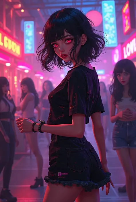 Medium-haired girl with red eyes and light-skinned dark grunge clothing style dancing at an anime-style neon light party 