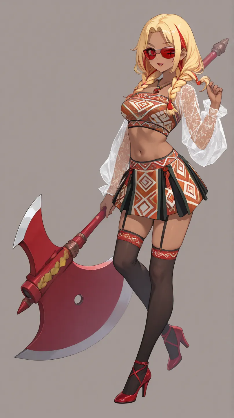  draw sexy only anime lady and brown skin color long, low twin braids, blonde and Red highlights Polynesian Elegant Kimon outfit, see-through sleeves, wearing Polynesian culture bra top short, mini skirt, long stockings and glass, high heels, flour pattern...