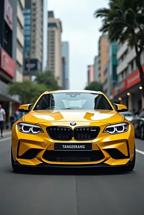 1 car , bmw car yellow color parking,Tanggerang plate, indonesia 