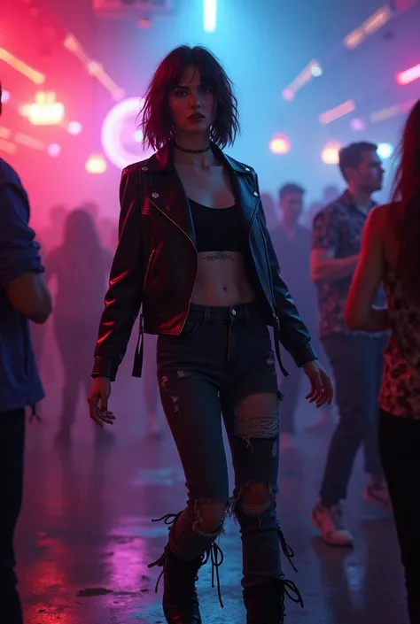 Medium-haired girl with red eyes and light-skinned dark grunge clothing style dancing at a neon light party 