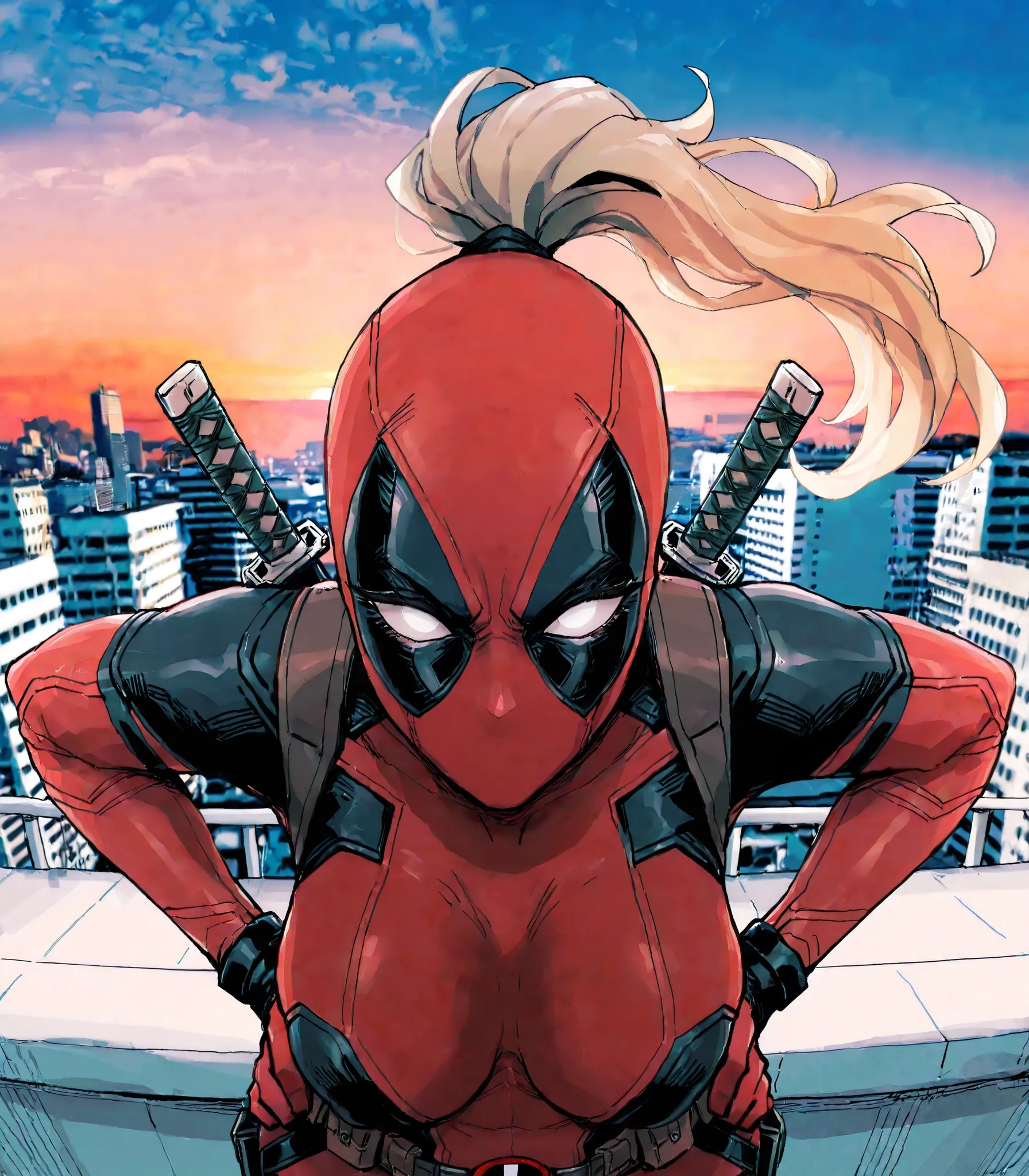 (Masterpiece, best quality), _(deadflow) style, (dynamic pose, solo), looking at viewer, (high resolution, high detail), (face focus), lady deadpool, long blonde hair, ponytail, happy, city, rooftop, sunset, slender, medium boobs, hands on hips, woman, dea...