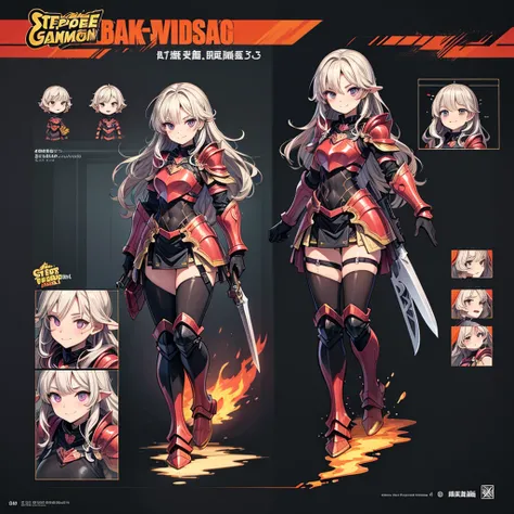  Game Character Layout Showcase,カウボーイshot、 (1 personの). gold+ red clothes, , (( Show Weapons :1.4)), Flame Whip, ( masterpiece:1.2), 4K,  very well detailed, ( Step by Step Design , Layout Art:1.5), (Ignition of the flame, Intense setting), Fire Mage, ((Fl...