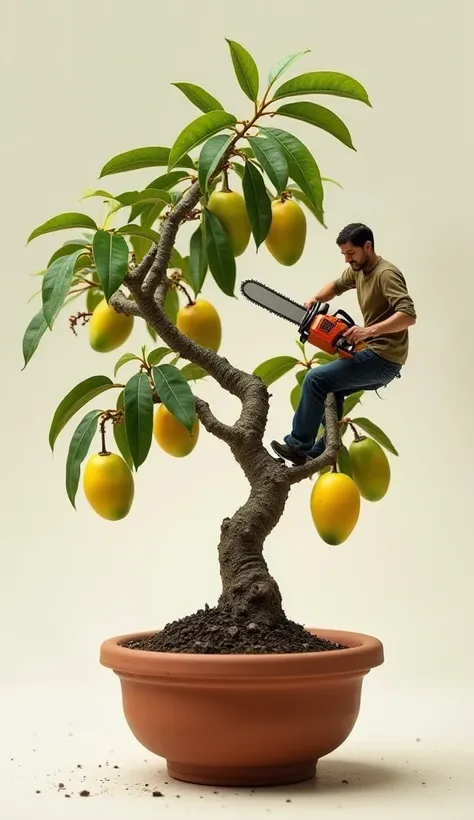 A detailed image of a bonsai mango tree in a clay pot. The small tree has ripe mangoes hanging from its branches. A tiny man is climbing the tree, holding a chainsaw, cutting one of the branches. The scene is realistic with intricate details in the tree ba...