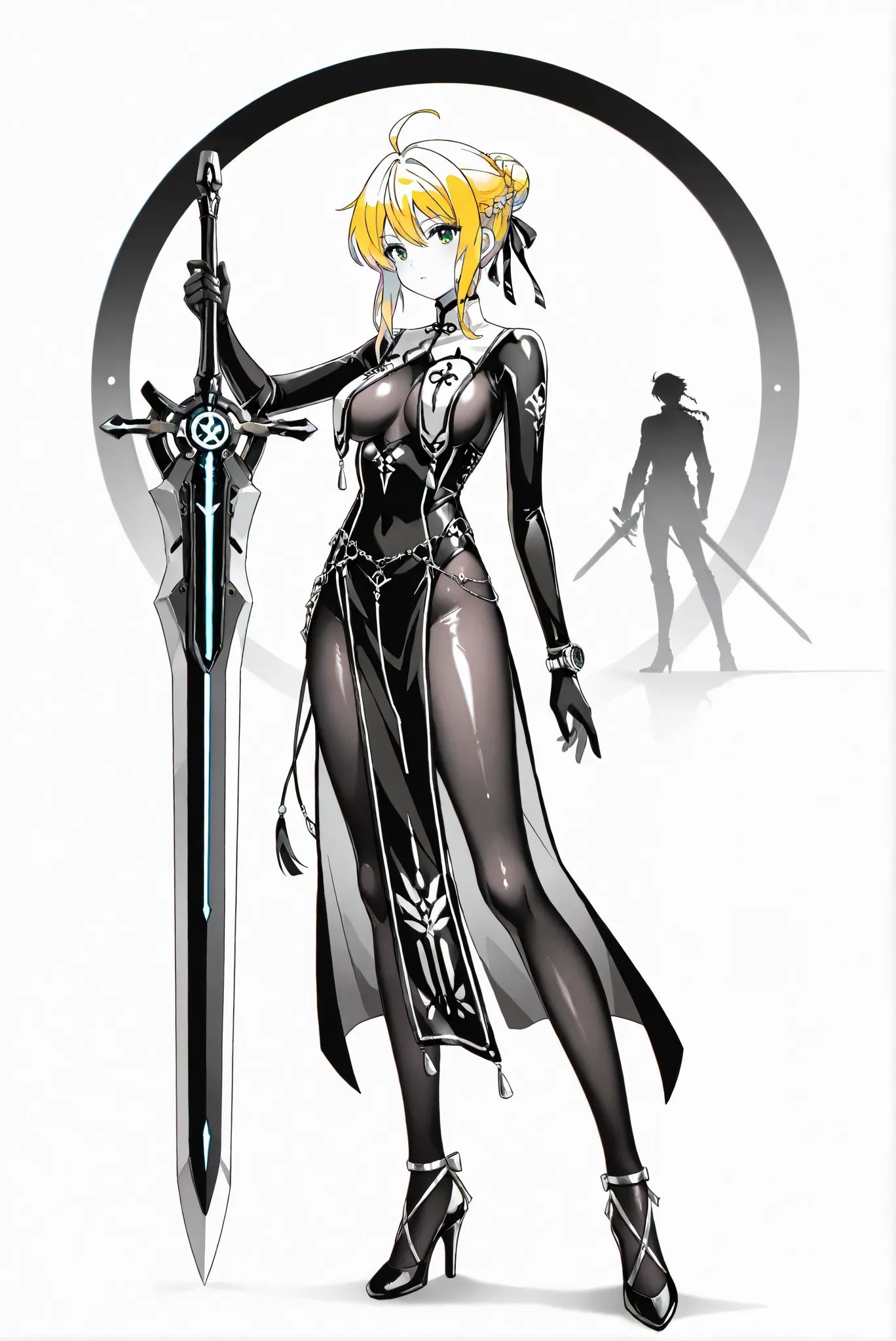 Giant Weapon, sword, holding sword,  holding a weapon ,, weapon, holding weapon, （ white background， stands，whole body， high heels， front view，Standing picture:1.7)，HoleHeels，oval/Circle/Thorn/Horn Heels，, Limited Color Palette ,Colorful, vivid colors ,Fla...