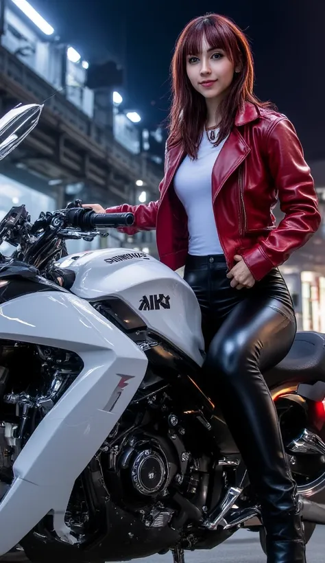 beautiful woman, seated on a white kawasaki ninja motorcycle.  Stylish, black leather skinny jeans, red leather jacket, and black ankle boots.  Confident, relaxed expression.  Full body, slightly angled to the right, showcasing the motorcycle.  Perspective...