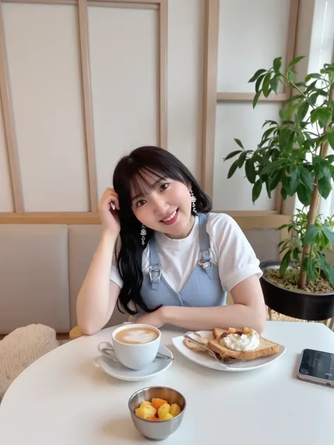 "A cute woman sitting in a stylish cafe, enjoying a morning breakfast. She is casually dressed in a chic outfit, with soft, wavy hair. On the table, there is a plate of toast, a cup of coffee, and a small bowl of fruit. The cafe has a cozy, modern atmosphe...