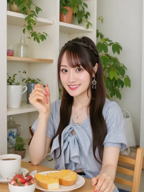 "A cute woman sitting in a stylish cafe, enjoying a morning breakfast. She is casually dressed in a chic outfit, with soft, wavy hair. On the table, there is a plate of toast, a cup of coffee, and a small bowl of fruit. The cafe has a cozy, modern atmosphe...