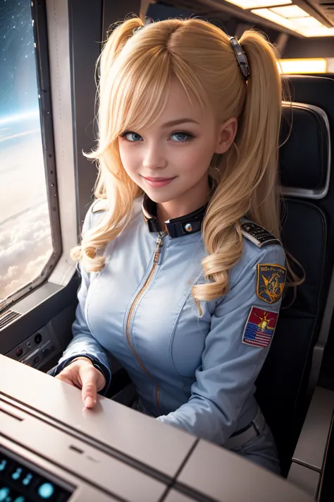 (overhead view) Cute flaxen blonde with rainbow colored hair tips, ribbons in her hair, 18-year-old woman, happy, smiling, in twin tails, perfect eyes, clear sparkling blue eyes, pale skin, silky smooth white skin, alabaster skin, flying a fancy metal luxu...