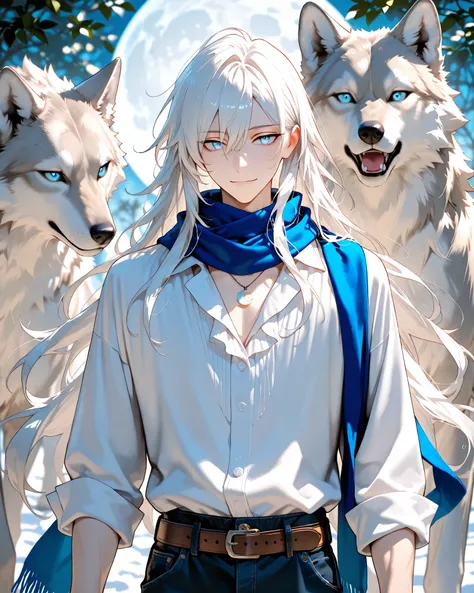 best quality, masterpiece, solo, 1 man, detailed face, beautiful face, detailed eyes, long hair, white hair, beautiful, masculine, beautiful figure, slender frame, light blue eyes, elegant white poet shirt, brown belt, black skinny jeans, blue scarf, moon ...