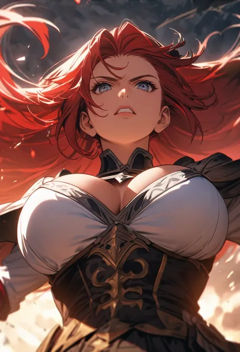 European medieval fantasy woman, Characteristics athletic, 26 ans, red hair,  hair in battle , assise sur spectateur, main poser sur torse du spectateur,  big breasts, décolleté,  close-up, View from bottom to top  