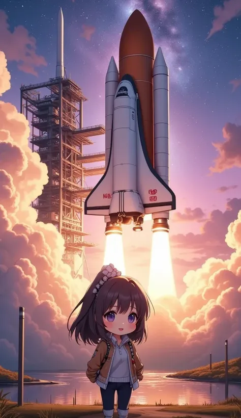 (ultra-detailed animated chibi anime), best quality, clear focus, dramatic scene, cinematic, shadow, (ultra-high resolution), perfect anatomy, perfect face, (detailed face), (detailed eyes), (chibi), space shuttle at the NASA launch site in Florida, at the...