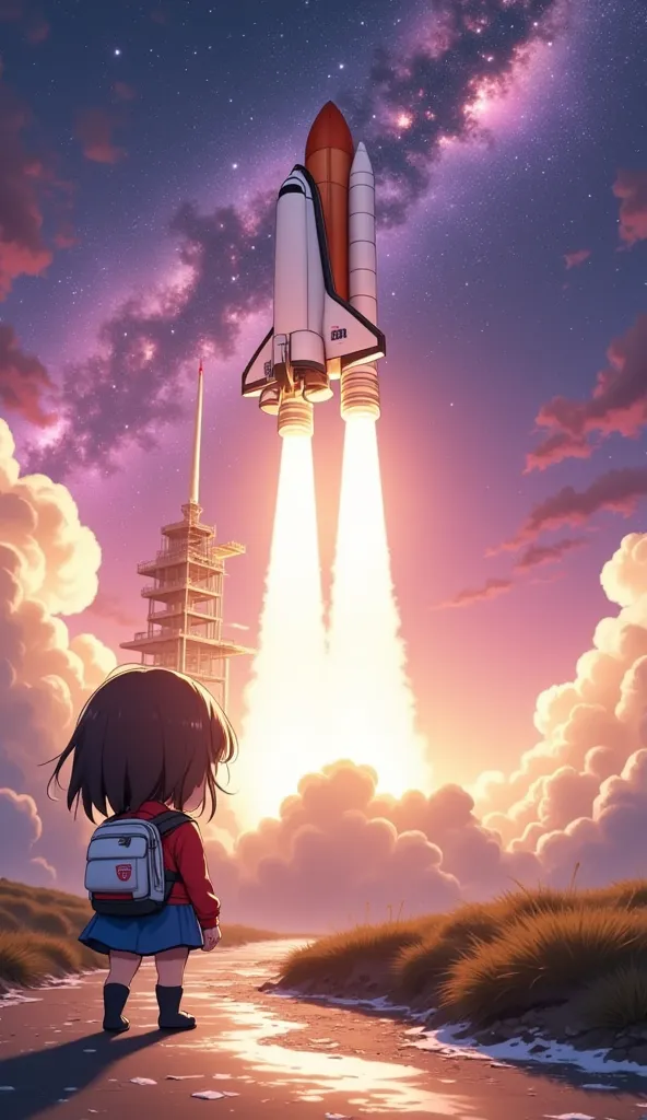 (ultra-detailed animated chibi anime), best quality, clear focus, dramatic scene, cinematic, shadow, (ultra-high resolution), perfect anatomy, perfect face, (detailed face), (detailed eyes), (chibi), space shuttle at the NASA launch site in Florida, at the...