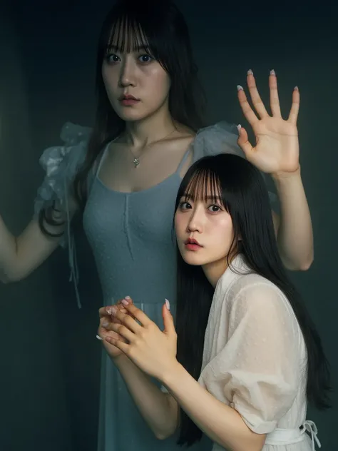 "A Japanese woman in a traditional outfit, looking shocked and terrified, is standing in front of a mysterious and eerie figure representing the leader of Japanese urban legends. The figure is tall, dark, and shadowy, with an ominous presence. The setting ...