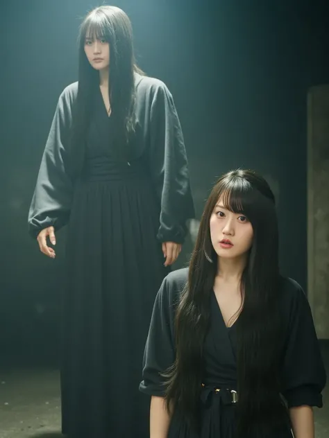 "A Japanese woman in a traditional outfit, looking shocked and terrified, is standing in front of a mysterious and eerie figure representing the leader of Japanese urban legends. The figure is tall, dark, and shadowy, with an ominous presence. The setting ...