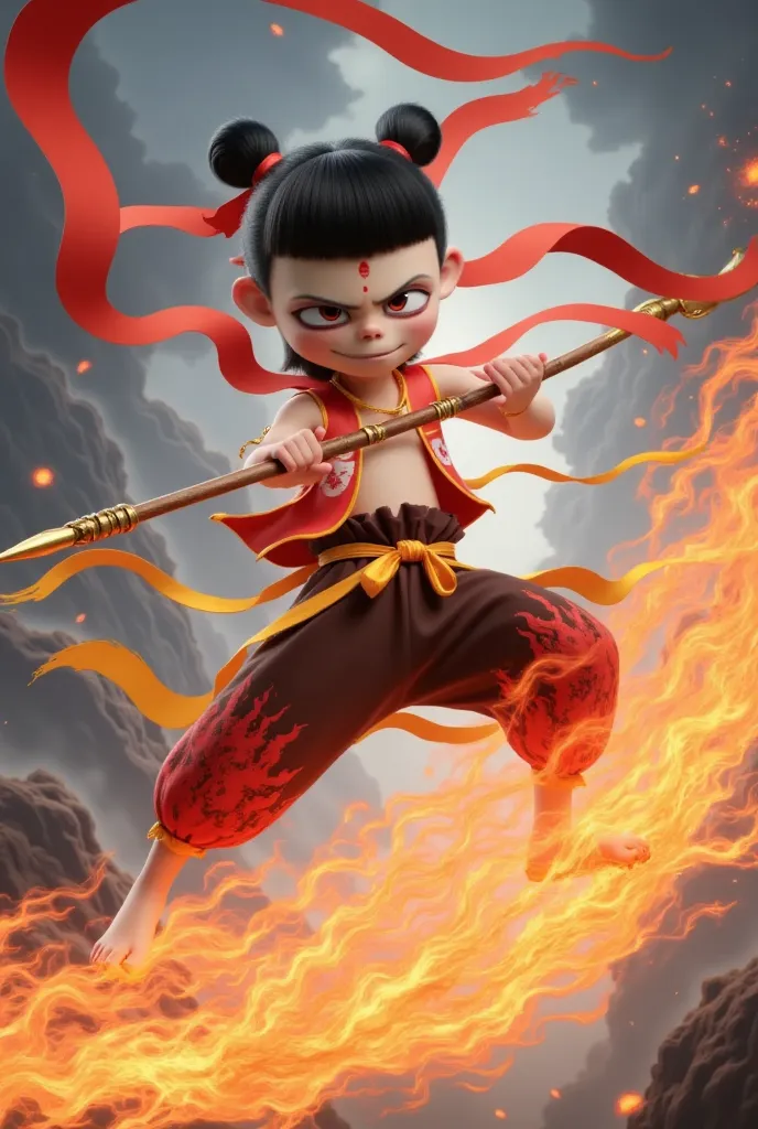 Cute Chinese teenage boy in battle pose standing on flaming flying wheel and holding a spear flying in the sky, settling the sky on fire. 