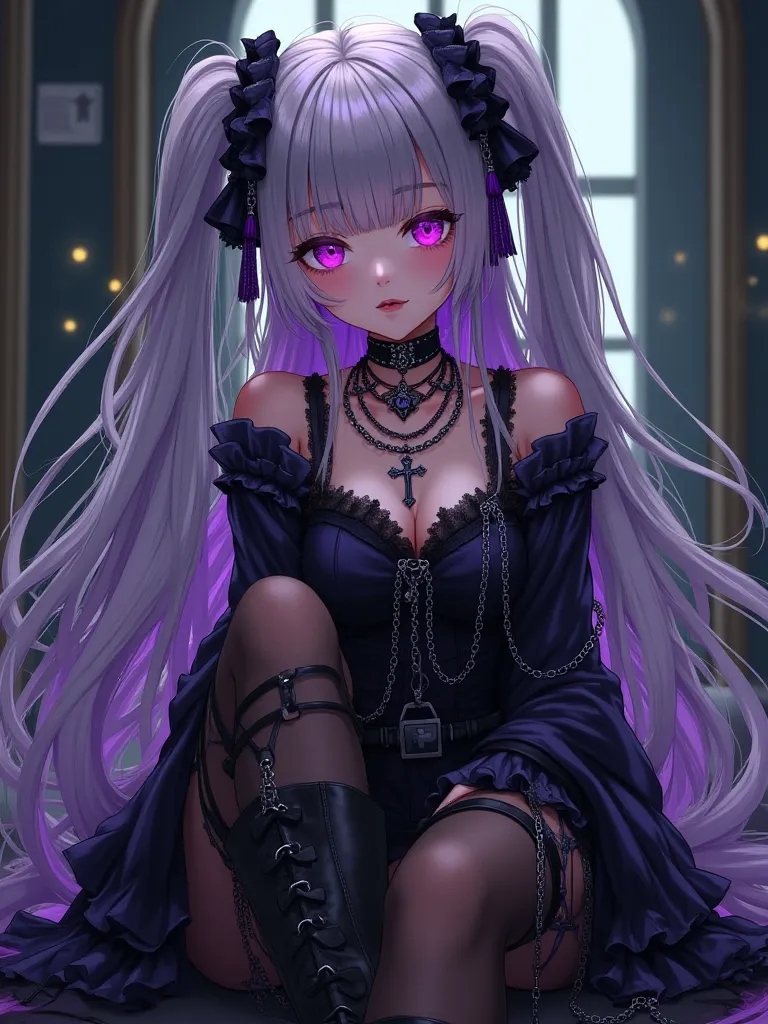 (Giraikei) Gothic Lolita　Two-tone color with purple and gray hair　Full of chains　 necklace with a cross on his neck 　 platform boots　 black stockings　 next door