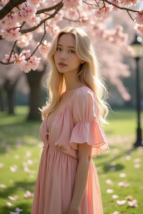 A tranquil scene of a beautiful woman standing under a cherry tree in a park in spring. She has been a long time, Flowing blonde hair and soft pink, A loose-fitting dress with delicate ruffles on the sleeves. The dress has a deep V-neck design,  adds an el...