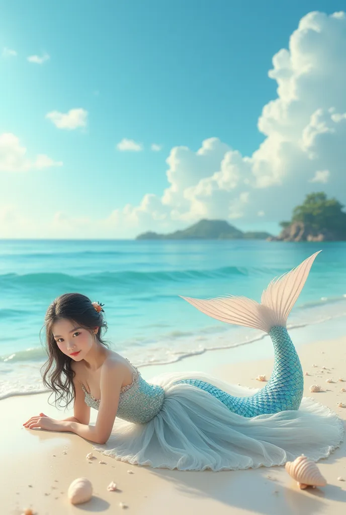 Make me a Chinese ager girl wear ballet swan dress and transformation into mermaid fully transformation into mermaid laying in the beach fully transformation into mermaid 