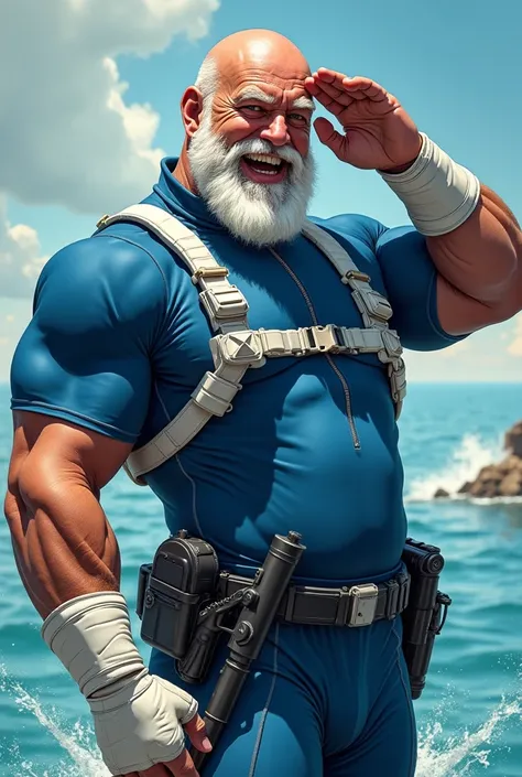 (A rugged beefy extremely muscular bulky laughing bald bearded old man), (wearing skintight blue fully-zipped short sleeve wetsuit with short swimming pants that show his muscular thighs), saluting, wearing white bulky harness, wearing bulky scuba gear, mu...