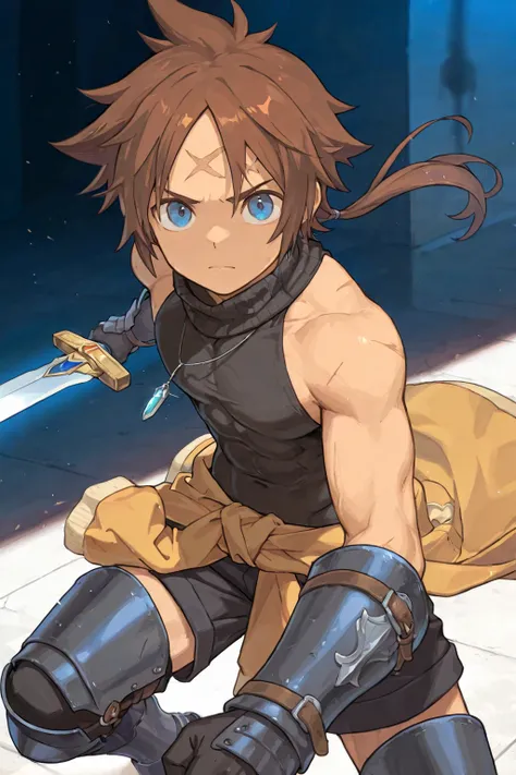 male_focus, solo, pectorals,abs, navel,Alba_SN4.brown hair, blue eyes, ponytail, scar on forehead,bandaid,sleeveless turtleneck,black turtleneck,bare shoulders,belt,necklace,gloves,clothes around waist, black shorts, leg armor, armored boots.muscular_male....