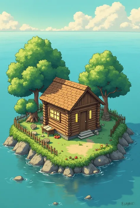 Everything is located on a small Lonely island in the middle of infinity sea, ((1 cozy one-story log cabin with 1 small cozy lighted window, 1 door, with a cozy porch on which there is a wicker chair and a small table with an open book on it, with a vegeta...