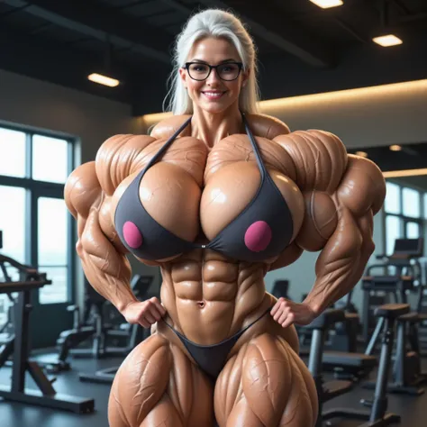 Standing in a luxury gym, with modern weight and machines in the background, 60 year old Grandma, white hair, wrinkled face, glasses, smiling, She is of North American descent, with glowing white skin under the gym lights, ponytail, and a beautiful face wi...