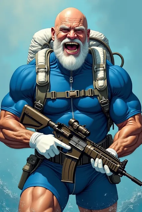 (A rugged beefy extremely muscular bulky laughing bald bearded old man), (wearing skintight blue fully-zipped short sleeve wetsuit with short swimming pants that show his muscular thighs), patrolling with rifle, wearing white bulky harness, wearing bulky s...