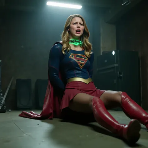 Melissa Benoist as Supergirl, the Supergirl lie flat on the ground, her hands is handcuffed behind her back with chain, a green lighting chain around her neck, She is wearing a Supergirl costume with red skirt, pantyhose and red knee height boots, she is s...