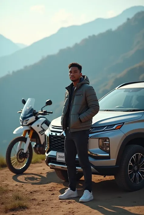 A 30 year old Indonesian man wearing a jacket and sneakers stands next to a 2024 Pajero car facing the camera The white trail motorbike.photo taken from a distance. Realistic photo art. full hd. Background on the top of the mountain